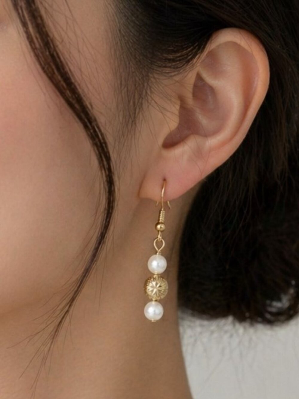 Glass Pearl and Gold Pierced Drop Dangle Earrings